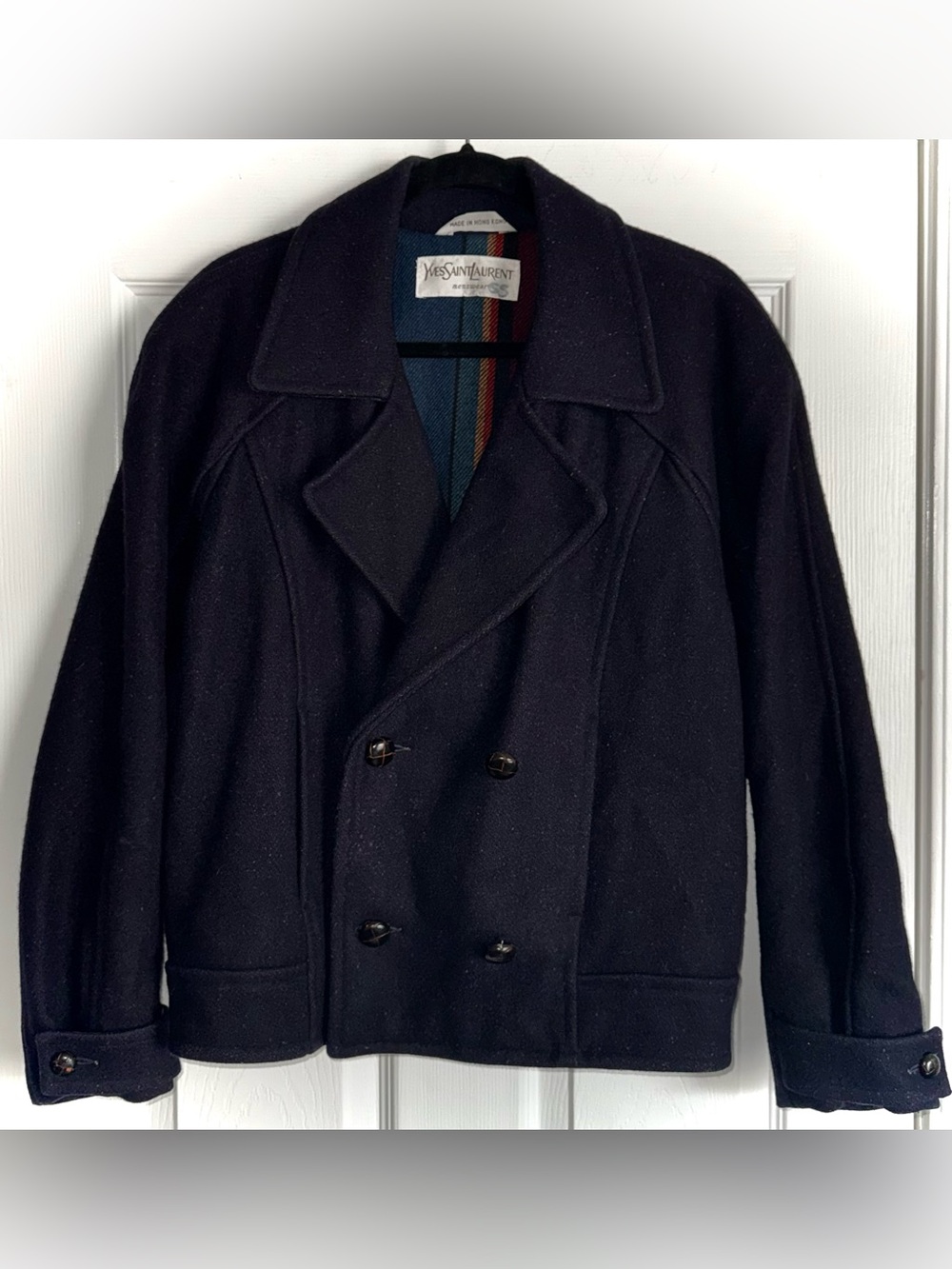 YVES SAINT LAURENT Menswear Vintage Donegal Fleck Wool Double Breasted Coat 36 M